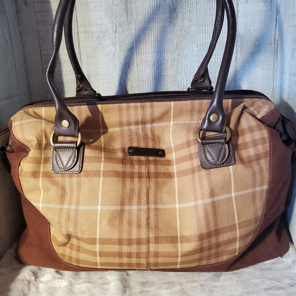 Eddie Bauer Brown Tan Plaid Double Handle Weekender Bag - Picture 4 of 11